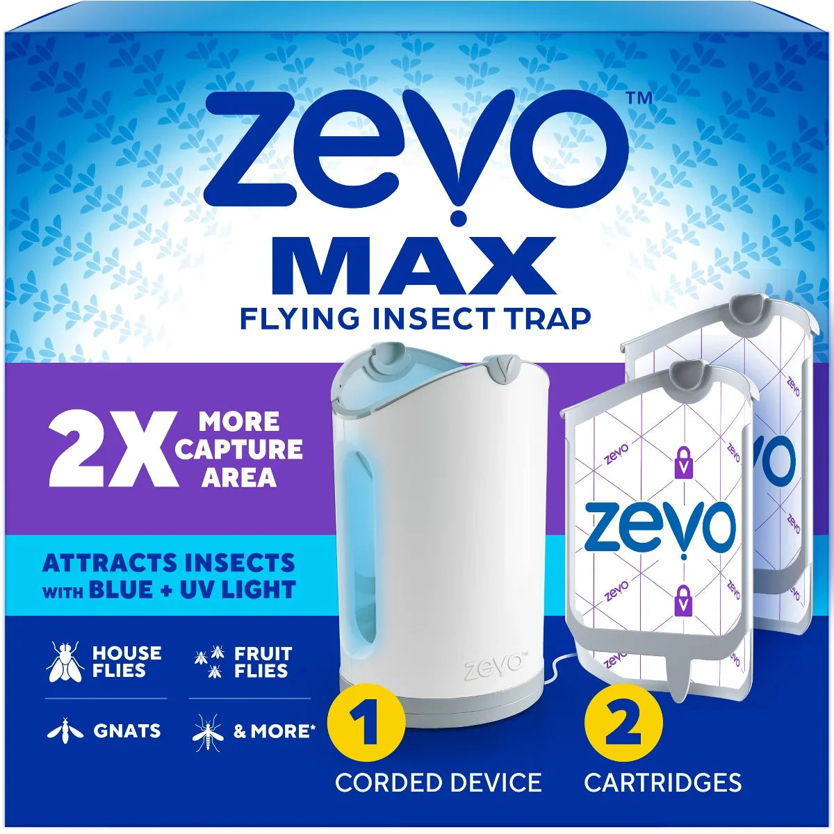 Zevo Flying Insect Indoor Light Fly Trap Starter Kit, Catches House Flies, Fruit Flies, Gnats & More - 1 Device + 2 Cartridges